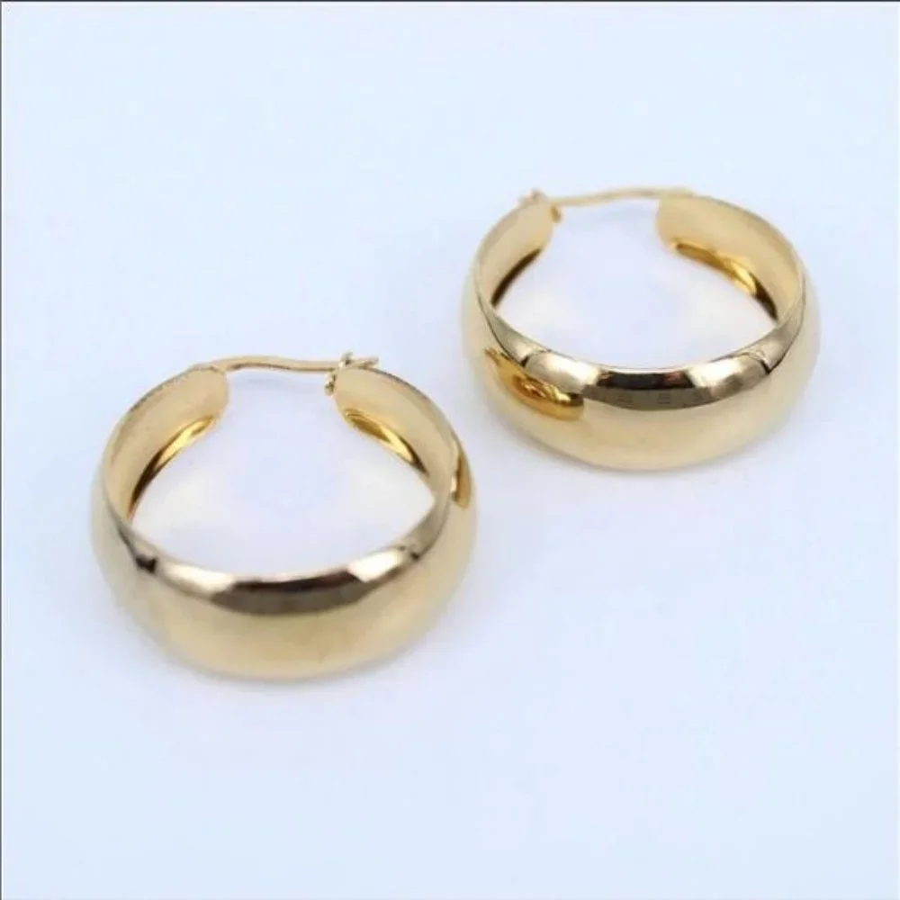 NEW 18K Yellow Gold 2” Round Chunky Hoop Earrings - Picture 3 of 5